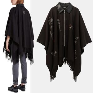 Desigual Black Leather Collar Embroidered Fringe Hem Poncho One Size Zip Front